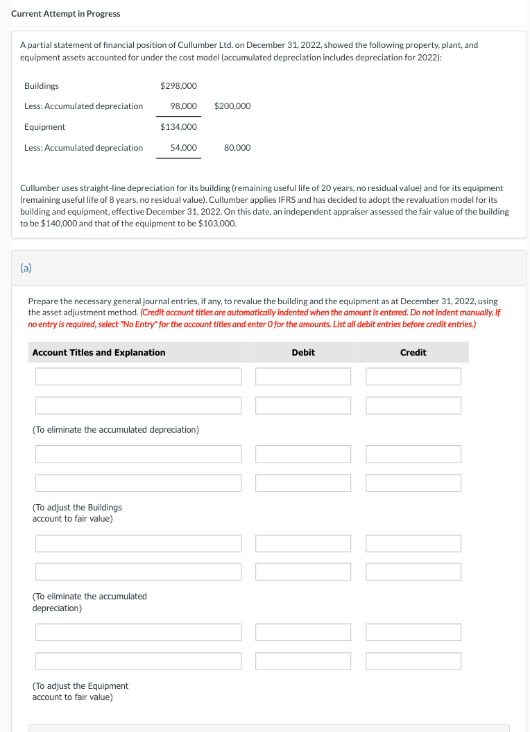 Current Attempt in Progress
A partial statement of financial position of Cullumber Ltd. on December 31, 2022, showed the following property, plant, and
equipment assets accounted for under the cost model (accumulated depreciation includes depreciation for 2022):
Buildings
Less: Accumulated depreciation
Equipment
Less: Accumulated depreciation
(a)
$298,000
98,000
$134,000
Cullumber uses straight-line depreciation for its building (remaining useful life of 20 years, no residual value) and for its equipment
(remaining useful life of 8 years, no residual value). Cullumber applies IFRS and has decided to adopt the revaluation model for its
building and equipment, effective December 31, 2022. On this date, an independent appraiser assessed the fair value of the building
to be $140,000 and that of the equipment to be $103,000.
Account Titles and Explanation
(To adjust the Buildings
account to fair value)
(To eliminate the accumulated
depreciation)
54.000
Prepare the necessary general journal entries, if any, to revalue the building and the equipment as at December 31, 2022, using
the asset adjustment method. (Credit account titles are automatically indented when the amount is entered. Do not indent manually. If
no entry is required, select "No Entry" for the account titles and enter O for the amounts. List all debit entries before credit entries.)
(To eliminate the accumulated depreciation)
(To adjust the Equipment
account to fair value)
$200,000
80,000
Debit
Credit