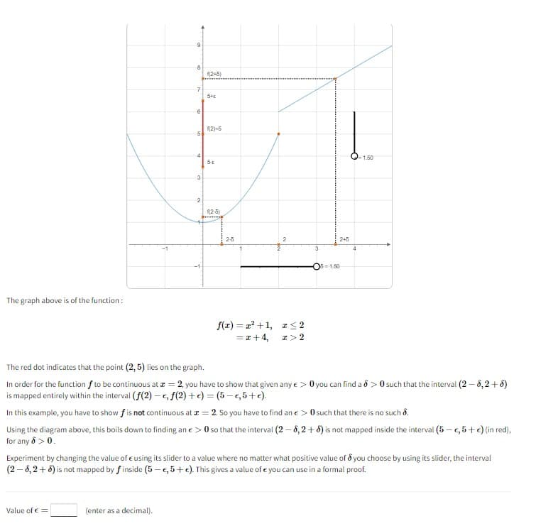 The graph above is of the function:
9
Value of € =
8
(enter as a decimal).
7
5:
4
(2+5)
5+c
(2)-5
1454
(2-5)
2-5
2
f(z)=z²+1, z≤2
= x +4,
I> 2
5-1.50
2+5
The red dot indicates that the point (2, 5) lies on the graph.
In order for the function f to be continuous at z = 2, you have to show that given any € > 0 you can find a > 0 such that the interval (2-8,2+8)
is mapped entirely within the interval (f(2), f(2) + €) =(5-€, 5+ €).
In this example, you have to show f is not continuous at z = 2. So you have to find an € >0 such that there is no such 8.
Using the diagram above, this boils down to finding an € >0 so that the interval (2-8,2+8) is not mapped inside the interval (5-€,5 + €) (in red),
for any 8 > 0.
= 1.50
Experiment by changing the value of using its slider to a value where no matter what positive value of you choose by using its slider, the interval
(2-8,2+8) is not mapped by f inside (5-€, 5+ €). This gives a value of you can use in a formal proof.