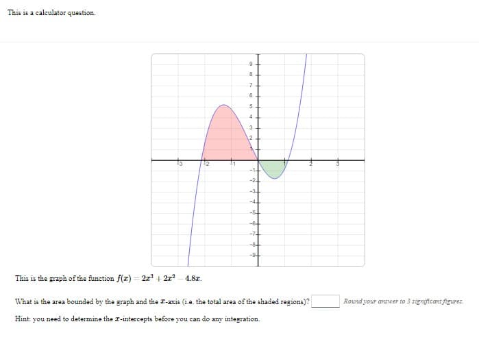 This is a calculator question.
This is the graph of the function f(x) = 2x² + 2x²
-
4.8z.
41
9
8
7
6
5
A
3
2
-1+
-2
-3-
-44
-54
-7-
-94
What is the area bounded by the graph and the Z-axis (i.e. the total area of the shaded regions)?
Hint: you need to determine the z-intercepts before you can do any integration.
Round your answer to 3 significant figures.