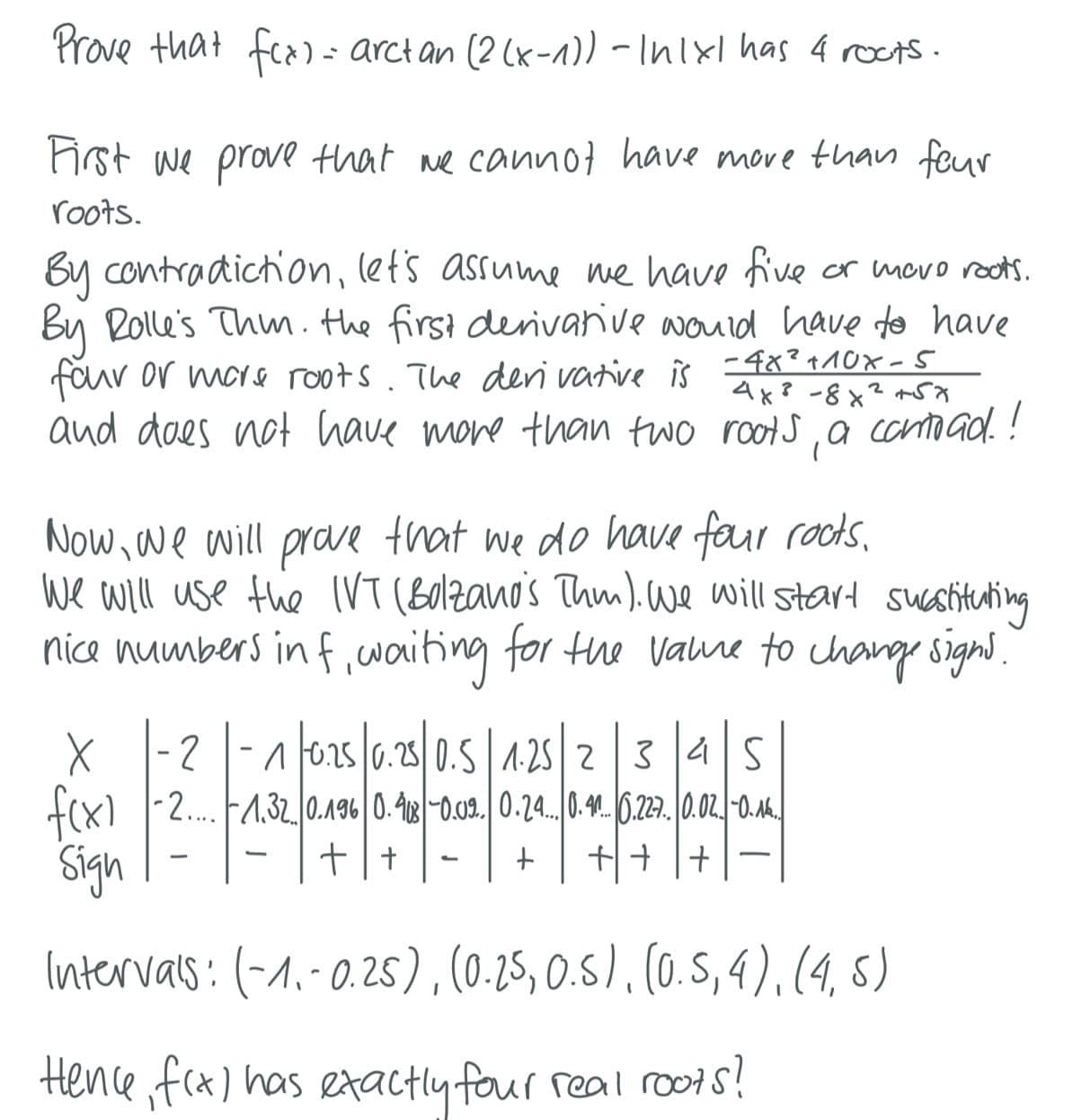 Prove that fex)= arctan (2 (x-1)) - In 1x1 has 4 rocts.
First we prove that we cannot have more than four
roots.
By contradiction, let's assume we have five or mavo roots.
By Rolle's Thm. the first derivative would have to have
four or more roots. The derivative is -4x² +10x-5
and does not have more than two roots, a camad.!
4x³8x² +5x
2
Now, we will prove that we do have four roots.
We will use the IVT (Bolzano's Thm). We will start substituting
nice numbers in f, waiting for the value to change signs.
·2|-1|-0.25 0.25/ 0.5 | 1.25|2|3|4|5
X-2-1025/0
f(x)
Sign
Intervals: (-1,-0.25), (0.25, 0.5), (0.5, 4), (4, 5)
Hence, fix) has exactly four real roots!
-2....-1.32 0.196 0.403 -0.09.. 0.24... 0.4 6.227.0.02 -0...
+ +
+
+++
-
1