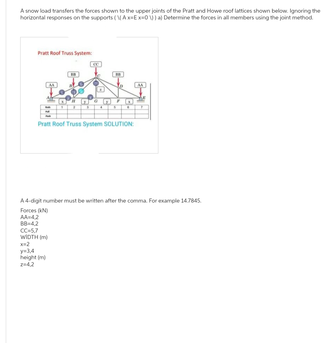 A snow load transfers the forces shown to the upper joints of the Pratt and Howe roof lattices shown below. Ignoring the
horizontal responses on the supports ( \(A x=Ex=0 \)) a) Determine the forces in all members using the joint method.
Pratt Roof Truss System:
AA
A
2
Rods
Pull
Push
CC=5,7
WIDTH (m)
x=2
y=3,4
height (m)
z=4,2
X
1
BB
H
2
y
3
CC
G
y
BB
5
D
F
X
Pratt Roof Truss System SOLUTION:
6
AA
E
A 4-digit number must be written after the comma. For example 14.7845.
Forces (kN)
AA=4,2
BB=4,2
A