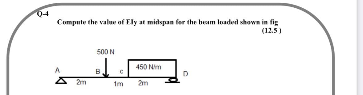 Q-4
Compute the value of Ely at midspan for the beam loaded shown in fig
(12.5)
500 N
450 N/m
A
B
A 2m
1m
2m
