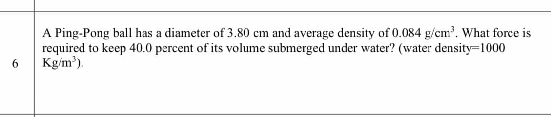 A Ping-Pong ball has a diameter of 3.80 cm and average density of 0.084 g/cm³. What force is
required to keep 40.0 percent of its volume submerged under water? (water density=1000
Kg/m?).
