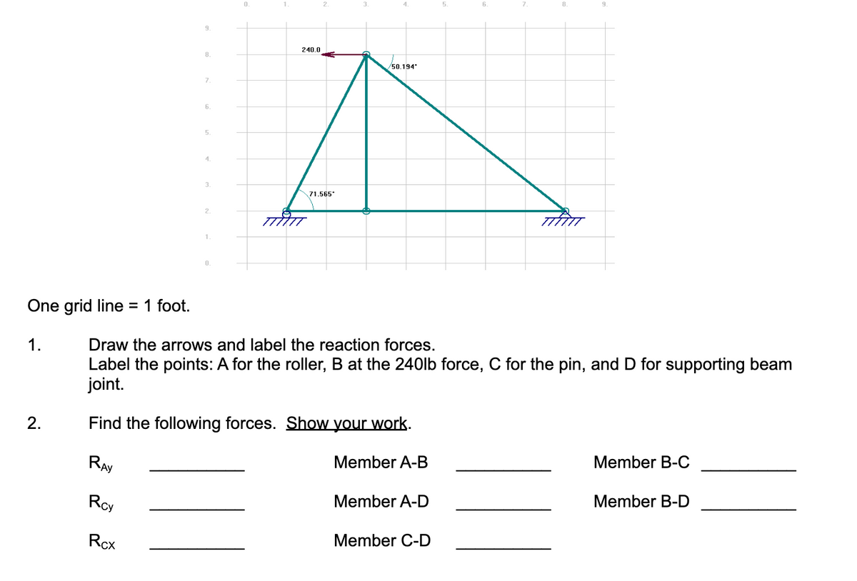 7.
8.
240.0
8.
50.194
7
6
4.
71.565
0.
One grid line
1 foot.
1.
Draw the arrows and label the reaction forces.
Label the points: A for the roller, B at the 240lb force, C for the pin, and D for supporting beam
joint.
Find the following forces. Show your work.
Member A-B
Member B-C
RAY
Member A-D
Member B-D
Roy
Rcx
Member C-D
2.
