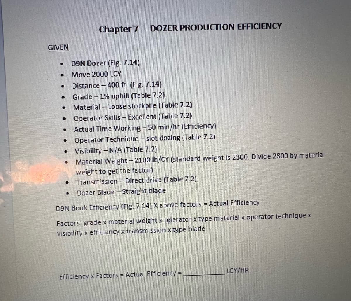 Chapter 7
DOZER PRODUCTION EFFICIENCY
GIVEN
D9N Dozer (Fig. 7.14)
Move 2000 LCY
Distance - 400 ft. (Fig. 7.14)
Grade – 1% uphill (Table 7.2)
Material – Loose stockpile (Table 7.2)
• Operator Skills - Excellent (Table 7.2)
Actual Time Working - 50 min/hr (Efficiency)
Operator Technique - slot dozing (Table 7.2)
Visibility – N/A (Table 7.2)
Material Weight- 2100 lb/CY (standard weight is 2300. Divide 2300 by material
weight to get the factor)
Transmission - Direct drive (Table 7.2)
Dozer Blade - Straight blade
D9N Book Efficiency (Fig. 7.14) X above factors = Actual Efficiency
Factors: grade x material weight x operator x type material x operator technique x
visibility x efficiency x transmission x type blade
Efficiency x Factors = ActuaI Efficiency =
LCY/HR.
