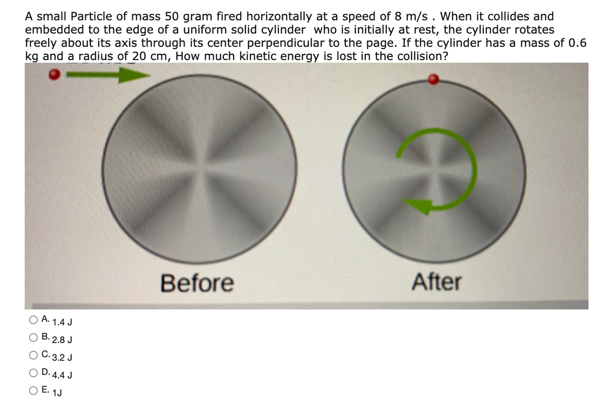 A small Particle of mass 50 gram fired horizontally at a speed of 8 m/s . When it collides and
embedded to the edge of a uniform solid cylinder who is initially at rest, the cylinder rotates
freely about its axis through its center perpendicular to the page. If the cylinder has a mass of 0.6
kg and a radius of 20 cm, How much kinetic energy is lost in the collision?
After
Before
O A. 1.4 J
O B. 2.8 J
C. 3.2 J
D. 4.4 J
O E. 1J
