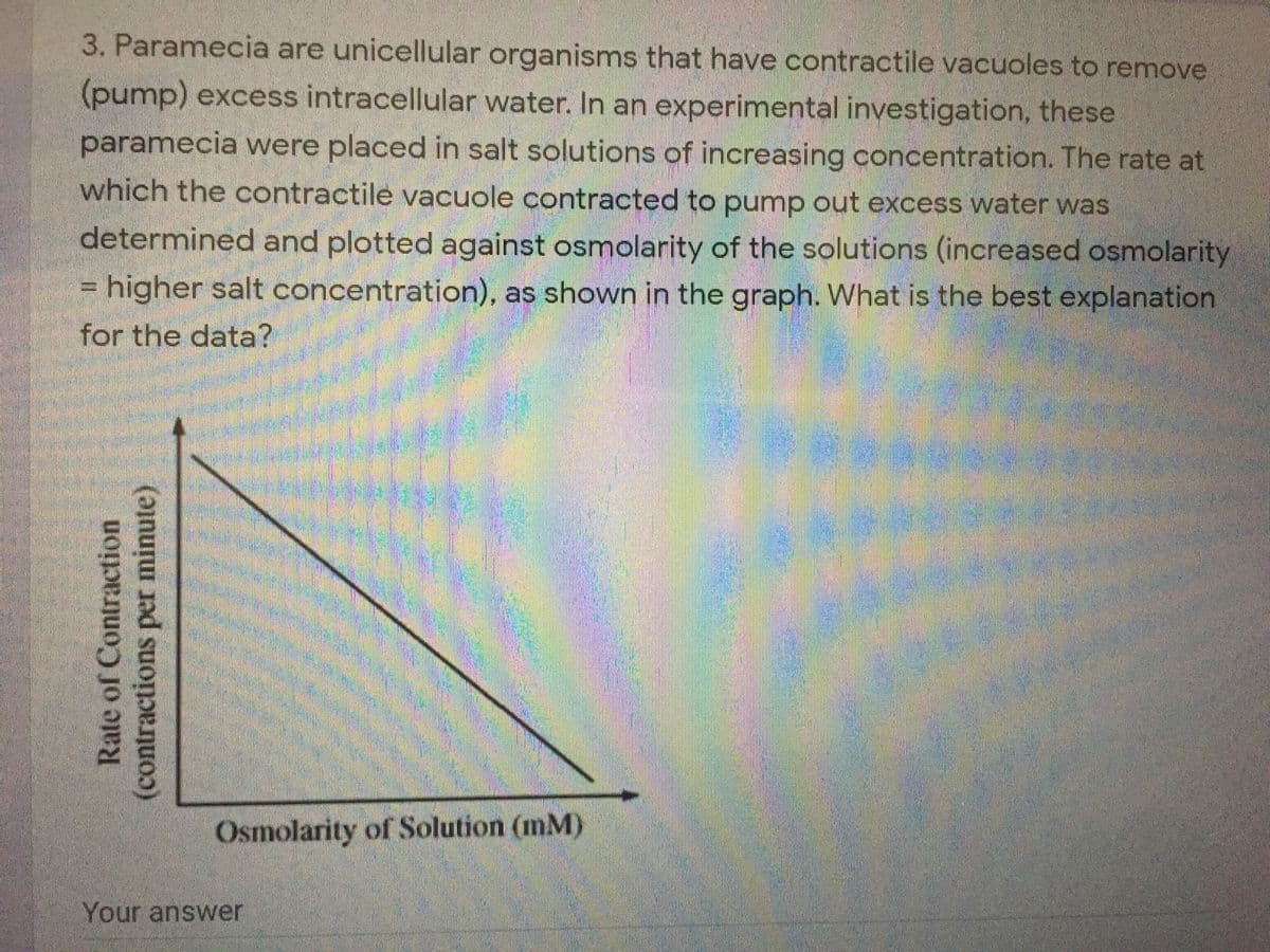 3. Paramecia are unicellular organisms that have contractile vacuoles to remove
(pump) excess intracellular water. In an experimental investigation, these
paramecia were placed in salt solutions of increasing concentration. The rate at
which the contractile vacuole contracted to pump out excess water was
determined and plotted against osmolarity of the solutions (increased osmolarity
= higher salt concentration), as shown in the graph. What is the best explanation
for the data?
Osmolarity of Solution (mM)
Your answer
Rate of Contraction
(contractions per minute)
