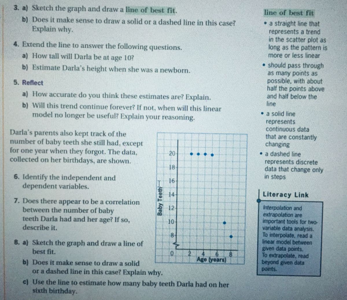 3. a) Sketch the graph and draw a line of best fit.
line of best fit
b) Does it make sense to draw a solid or a dashed line in this case?
•a straight line that
represents a trend
in the scatter plot as
long as the pattern is
more or less linear
Explain why.
4. Extend the line to answer the following questions.
a) How tall will Darla be at age 10?
• should pass through
as many points as
possible, with about
half the points above
and half below the
line
b) Estimate Darla's height when she was a newborn.
5. Reflect
a) How accurate do think these estimates are? Explain.
you
b) Will this trend continue forever? If not, when will this linear
model no longer be useful? Explain your reasoning.
Darla's parents also kept track of the
number of baby teeth she still had, except
for one year when they forgot. The data,
collected on her birthdays, are shown.
•a solid line
represents
continuous data
that are constantly
changing
•a dashed line
represents discrete
data that change only
in steps
18
6. Identify the independent and
dependent variables.
16
14-
Literacy Link
7. Does there appear to be a correlation
between the number of baby
teeth Darla had and her age? If so,
describe it.
Interpolation and
extrapolation are
important tools for two-
variable data analysis.
To interpolate, read a
linear model between
given data points,
To extrapolate, read
beyond given data
points.
12-
10
8-
8. a) Sketch the graph and draw a line of
best fit.
618
Age (years)
b) Does it make sense to draw a solid
or a dashed line in this case? Explain why.
c) Use the line to estimate how many baby teeth Darla had on her
sixth birthday.
Baby Teeth
20
