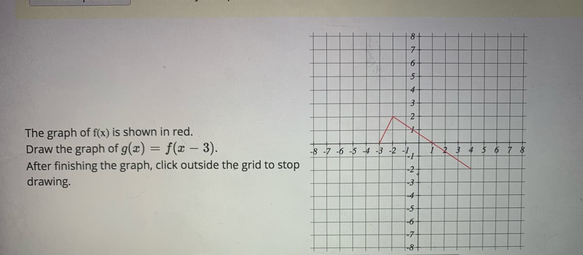 구
5-
4
The graph of f(x) is shown in red.
Draw the graph of g(x) = f(x – 3).
After finishing the graph, click outside the grid to stop
drawing.
-8 -7 -6 -5 -4 -3 -2 --,
1 2 3 4 5 6
-2-
-4-
-6-
-7
-8-
