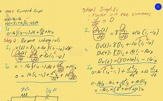 r ot the currenty
* step1 Current loops
エ
ster3 Simplfi
-Façtur ot the currens
%3D
エ Gu)_se ta Ci -ia)
8
%3D
Step a: Remove integ rals
Iy() =+ eiーia)e
在 a)
OUG)= 80i, +1o
DUCt)= 80i,+ 104-loi2
Du(4)=(YD+l0), -16in
diz
P)
p+('-?) /
+ 10
=ール,(O'+on)
%3D
