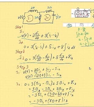 Step!
工,
eSid
Step3
dt
Step 3
1, UCt) = 301 + 3i - 3
V4) =(30+3)i, - 3ia
30-3D, + 50ig
- -3 Di, + (30+50+1),
=-3Di, +(80+rlia
