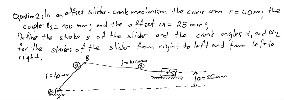 Question 2: In an offset slider-crank mechanism the crank arm
coupler 13 = 100 mm; and the offset 0 = 25 mm ²
Define the stroke s of the slider and the crank angles 2, and a2
for the strokes of the slider from right to left and from left to
right.
B
r=40mm
um
0217
-
1-100mm
3
19=25mm
r=40m, the