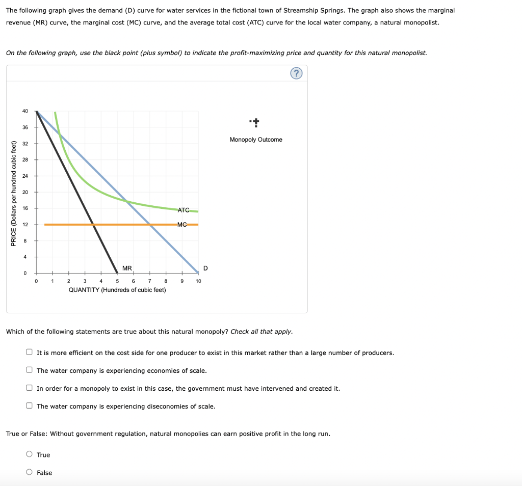 The following graph gives the demand (D) curve for water services in the fictional town of Streamship Springs. The graph also shows the marginal
revenue (MR) curve, the marginal cost (MC) curve, and the average total cost (ATC) curve for the local water company, a natural monopolist.
On the following graph, use the black point (plus symbol) to indicate the profit-maximizing price and quantity for this natural monopolist.
?
PRICE (Dollars per hundred cubic feet)
40
36
32
28
24
20
16
12
4
0
0
1
+
2
4
MR
3
5
6
7
8
QUANTITY (Hundreds of cubic feet)
O True
O False
ATC
MC
9
10
D
Which of the following statements are true about this natural monopoly? Check all that apply.
Monopoly Outcome
It is more efficient on the cost side for one producer to exist in this market rather than a large number of producers.
The water company is experiencing economies of scale.
In order for a monopoly to exist in this case, the government must have intervened and created it.
The water company is experiencing diseconomies of scale.
True or False: Without government regulation, natural monopolies can earn positive profit in the long run.