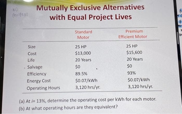 NO
entiendo
Mutually Exclusive Alternatives
with Equal Project Lives
Size
Cost
Life
Salvage
Efficiency
Energy Cost
Operating Hours
Standard
Motor
25 HP
$13,000
20 Years
$0
89.5%
$0.07/kWh
3,120 hrs/yr.
Premium
Efficient Motor
25 HP
$15,600
20 Years
$0
93%
$0.07/kWh
3,120 hrs/yr.
(a) At i= 13%, determine the operating cost per kWh for each motor.
(b) At what operating hours are they equivalent?
6
داری
TO
6
ron
m
8+