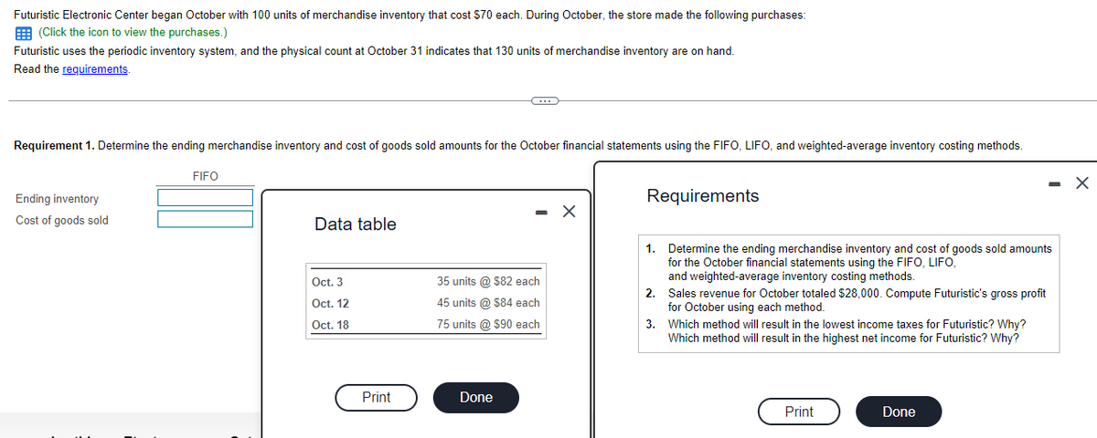 Futuristic Electronic Center began October with 100 units of merchandise inventory that cost $70 each. During October, the store made the following purchases:
(Click the icon to view the purchases.)
Futuristic uses the periodic inventory system, and the physical count at October 31 indicates that 130 units of merchandise inventory are on hand.
Read the requirements.
Requirement 1. Determine the ending merchandise inventory and cost of goods sold amounts for the October financial statements using the FIFO, LIFO, and weighted-average inventory costing methods.
Ending inventory
Cost of goods sold
FIFO
Data table
Oct. 3
Oct. 12
Oct. 18
Print
C
Done
-
35 units @ $82 each
45 units @ $84 each
75 units @ $90 each
Requirements
1. Determine the ending merchandise inventory and cost of goods sold amounts
for the October financial statements using the FIFO, LIFO,
and weighted-average inventory costing methods.
2. Sales revenue for October totaled $28,000. Compute Futuristic's gross profit
for October using each method.
3. Which method will result in the lowest income taxes for Futuristic? Why?
Which method will result in the highest net income for Futuristic? Why?
Print
- X
Done