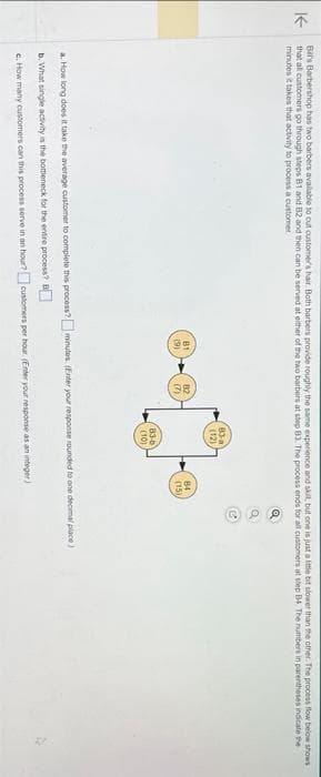 K-
Bil's Barbershop has two barbers available to cut customer's hair. Both barbers provide roughly the same experience and skill, but one is just a little bit slower than the other. The process flow below shows
that all customers go through steps B1 and B2 and then can be served at either of the two barbers at step 83. The process ends for all customers at step B4. The numbers in parentheses indicate the
minutes it takes that activity to process a customer
81
(9)
82
(7)
83-a
(12)
83-b
(10)
84
(15)
✓ du
a. How long does it take the average customer to complete this process? minutes. (Enter your response rounded to one decimal place)
b. What single activity is the bottleneck for the entire process? B
c. How many customers can this process serve in an hour? customers per hour (Enter your response as an integer)