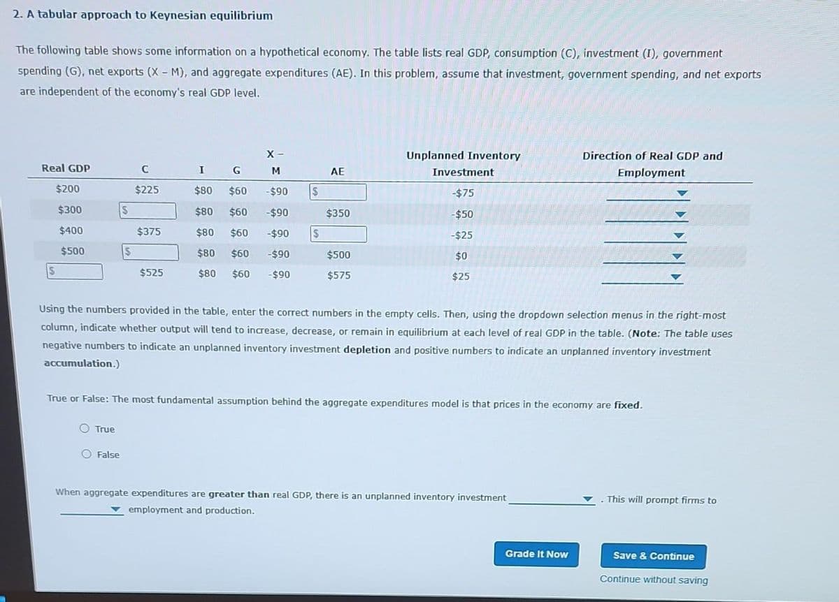 2. A tabular approach to Keynesian equilibrium
The following table shows some information on a hypothetical economy. The table lists real GDP, consumption (C), investment (1), government
spending (G), net exports (X-M), and aggregate expenditures (AE). In this problem, assume that investment, government spending, and net exports
are independent of the economy's real GDP level.
Real GDP
$200
$300
$400
$500
S
True
C
$225
False
$375
$525
X-
I
G
M
$80 $60
-$90
$80 $60
-$90
$80 $60
-$90 $
$80
$60
-$90
$80 $60 -$90
AE
$350
$500
$575
Unplanned Inventory
Investment
-$75
- $50
-$25
$0
$25
Using the numbers provided in the table, enter the correct numbers in the empty cells. Then, using the dropdown selection menus in the right-most
column, indicate whether output will tend to increase, decrease, or remain in equilibrium at each level of real GDP in the table. (Note: The table uses
negative numbers to indicate an unplanned inventory investment depletion and positive numbers to indicate an unplanned inventory investment
accumulation.)
True or False: The most fundamental assumption behind the aggregate expenditures model is that prices in the economy are fixed.
Direction of Real GDP and
Employment
When aggregate expenditures are greater than real GDP, there is an unplanned inventory investment
employment and production.
Grade It Now
This will prompt firms to
Save & Continue
Continue without saving