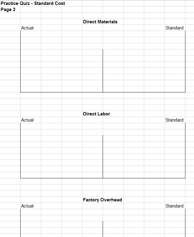 Practice Quiz - Standard Cost
Page 2
Actual
Actual
Actual
Direct Materials
Direct Labor
Factory Overhead
Standard
Standard
Standard