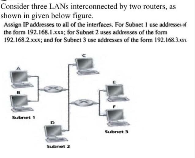 Consider three LANs
shown in given below figure.
Assign IP addresses to all of the interfaces. For Subnet I use addresses of
the form 192.168.1.xxx; for Subnet 2 uses addresses of the form
192.168.2.xxx; and for Subnet 3 use addresses of the form 192.168.3.XXX.
Subnet 1
D
Subnet 2
interconnected by two routers, as
Subnet 3