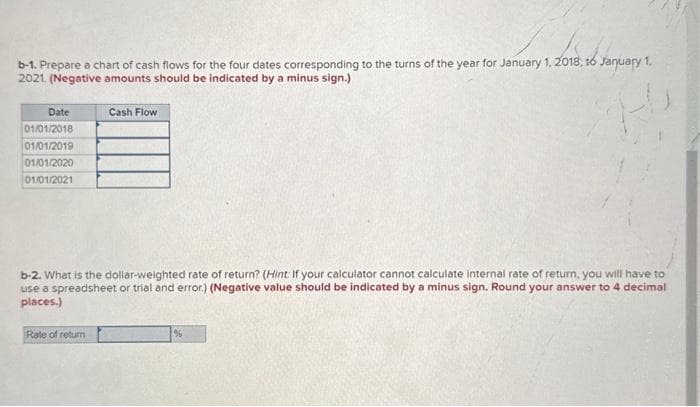 b-1. Prepare a chart of cash flows for the four dates corresponding to the turns of the year for January 1, 2018, 16 January 1,
2021. (Negative amounts should be indicated by a minus sign.)
Date
01/01/2018
01/01/2019
01/01/2020
01/01/2021
Cash Flow
b-2. What is the dollar-weighted rate of return? (Hint: If your calculator cannot calculate internal rate of return, you will have to
use a spreadsheet or trial and error.) (Negative value should be indicated by a minus sign. Round your answer to 4 decimal
places.)
Rate of return