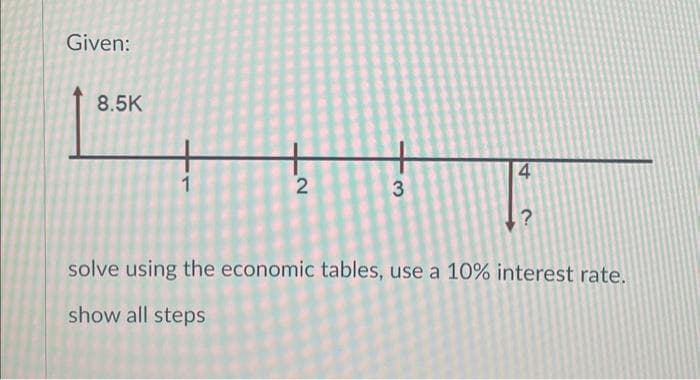 Given:
8.5K
2
3
4
7.
?
solve using the economic tables, use a 10% interest rate.
show all steps