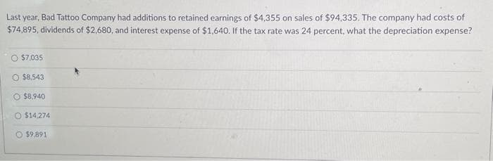 Last year, Bad Tattoo Company had additions to retained earnings of $4,355 on sales of $94,335. The company had costs of
$74,895, dividends of $2,680, and interest expense of $1,640. If the tax rate was 24 percent, what the depreciation expense?
$7,035
O $8,543
O $8,940
O $14,274
O $9.891