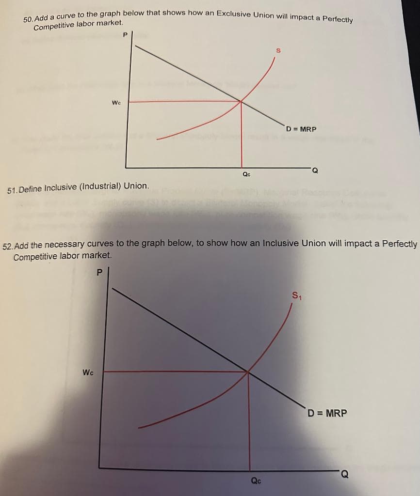 50. Add a curve to the graph below that shows how an Exclusive Union will impact a Perfectly
Competitive labor market.
Wc
P
51. Define Inclusive (Industrial) Union.
Wc
Qc
S
Qc
D = MRP
52. Add the necessary curves to the graph below, to show how an Inclusive Union will impact a Perfectly
Competitive labor market.
P
Q
S₁
D = MRP