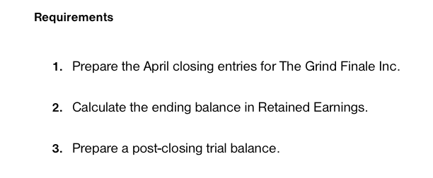 Requirements
1. Prepare the April closing entries for The Grind Finale Inc.
2. Calculate the ending balance in Retained Earnings.
3. Prepare a post-closing trial balance.