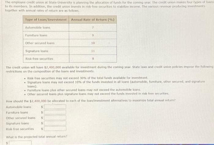 The employee credit union at State University is planning the allocation of funds for the coming year. The credit union makes four types of loans
to its members. In addition, the credit union invests in risk-free securities to stabilize income. The various revenue producing investments
together with annual rates of return are as follows.
Type of Loan/Investment Annual Rate of Return (%)
Automobile loans.
Furniture loans
Other secured loans
7
9
$
$
$
Signature loans
$
Risk-free securities
$
What is the projected total annual return?
10
Signature loans
Risk-free securities
The credit union will have $2,400,000 available for investment during the coming year. State laws and credit union policies impose the following
restrictions on the composition of the loans and investments.
11
8
Risk-free securities may not exceed 30% of the total funds available for investment.
Signature loans may not exceed 10% of the funds invested in all loans (automobile, furniture, other secured, and signature
loans).
• Furniture loans plus other secured loans may not exceed the automobile loans.
. Other secured loans plus signature loans may not exceed the funds invested in risk free securities.
How should the $2,400,000 be allocated to each of the loan/investment alternatives to maximize total annual return?
Automobile loans
Furniture loans
Other secured loans