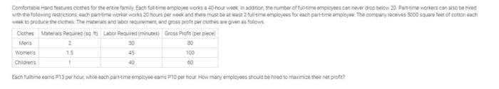 Comfortable Hand features clothes for the entire family. Each full-time employee works a 40-hour week in addition, the number of full-time employees can never drop below 20 Part-time workers can also be hired
with the following restrictions each part-time worker works 20 hours per week and there must be at least 2 full-time employees for each part-time employee. The company receives 5000 square feet of cotton each
week to produce the clothes. The materials and labor requirement, and gross profe per clothes are given as follows
Clothes
Men's
Women's
Children's
Materials Required (sq ft) Labor Required (minutes) Gross Profit (per piece)
2
30
80
1.5
45
100
1
40
60
Each fultime earns P13 per hour while each part-time employee earns P10 per hour. How many employees should be hired to maximize their net profe?