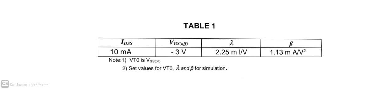 TABLE 1
Ipss
VGs(of)
- 3 V
10 mA
2.25 m I/V
1.13 m A/V2
Note:1) VTO is VGs(off)
2) Set values for VT0, 1 and B for simulation.
CS CamScanner - igo sguaall
