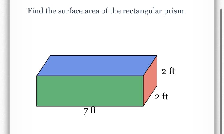 Find the surface area of the rectangular prism.
2 ft
2 ft
7 ft
