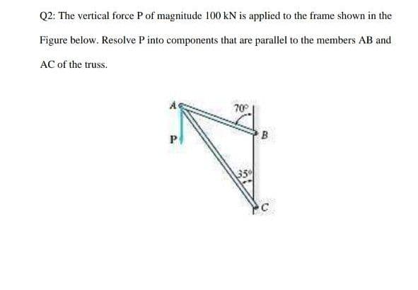 Q2: The vertical force P of magnitude 100 kN is applied to the frame shown in the
Figure below. Resolve P into components that are parallel to the members AB and
AC of the truss.
P
35
