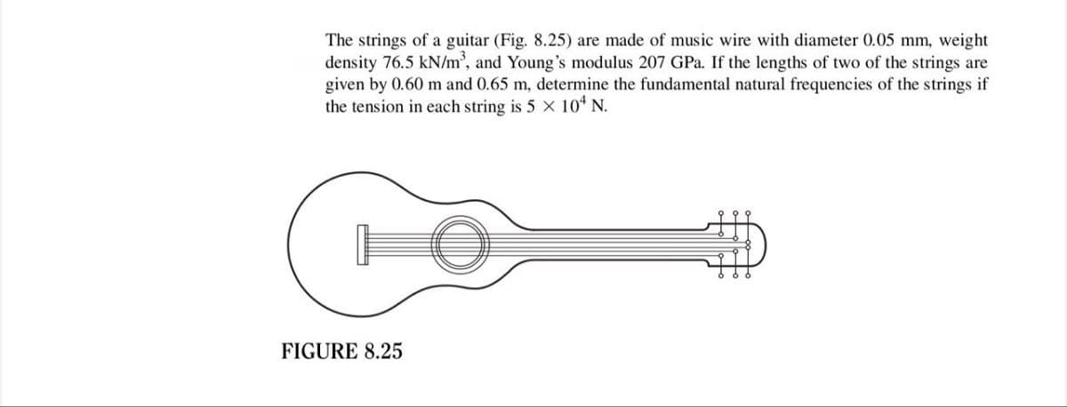 The strings of a guitar (Fig. 8.25) are made of music wire with diameter 0.05 mm, weight
density 76.5 kN/m³, and Young's modulus 207 GPa. If the lengths of two of the strings are
given by 0.60 m and 0.65 m, determine the fundamental natural frequencies of the strings if
the tension in each string is 5 x 104 N.
FIGURE 8.25