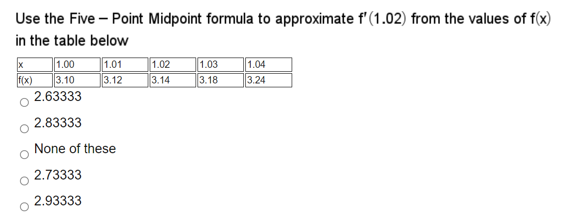 Use the Five – Point Midpoint formula to approximate f'(1.02) from the values of f(x)
in the table below
1.00
1.01
1.02
1.03
|1.04
f(x)
3.10
3.12
3.14
3.18
3.24
2.63333
2.83333
None of these
2.73333
2.93333
