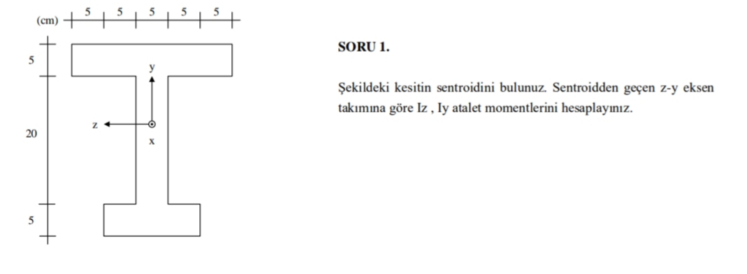 (cm)
SORU 1.
Şekildeki kesitin sentroidini bulunuz. Sentroidden geçen z-y eksen
takımına göre Iz , ly atalet momentlerini hesaplayınız.
20
