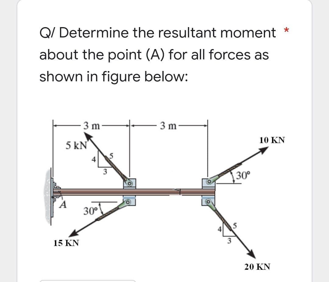 *
Q/ Determine the resultant moment
about the point (A) for all forces as
shown in figure below:
3 m
3 m
10 KN
5 KN
A
15 KN
30°
3
3
30°
5
20 KN