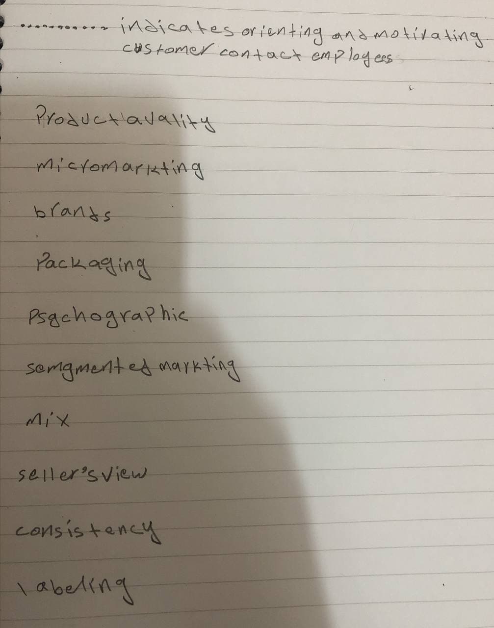 indicates orienting and motivating.
customer contact employees.
(
Product avality
Micromarkting
brands
Packaging
Psychographic
semgmented markting
Mix
seller's View
consistency
Labeling