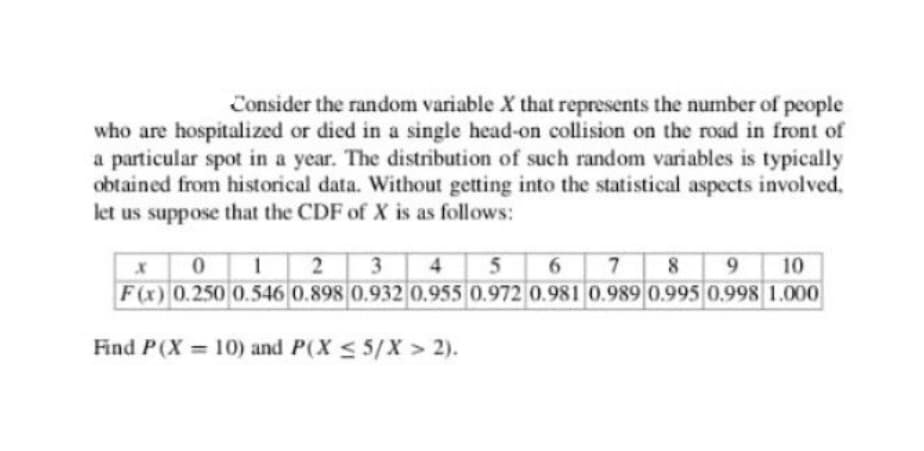 Consider the random variable X that represents the number of people
who are hospitalized or died in a single head-on collision on the road in front of
a particular spot in a year. The distribution of such random variables is typically
obtained from historical data. Without getting into the statistical aspects involved,
let us suppose that the CDF of X is as follows:
3
F(x) 0.250 0.546 0.898 0,932 0.955 0.972 0.981 0.989| 0.995 0,998| 1.000
4.
6.
8
9.
10
Find P(X = 10) and P(X < 5/X > 2).
