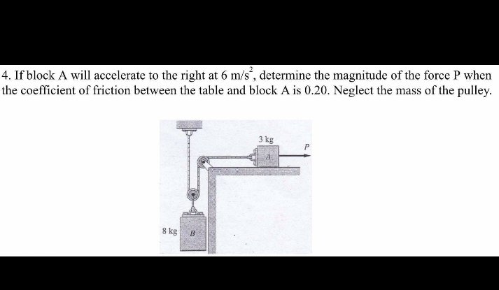 4. If block A will accelerate to the right at 6 m/s', determine the magnitude of the force P when
the coefficient of friction between the table and block A is 0.20. Neglect the mass of the pulley.
3 kg
8 kg
B
