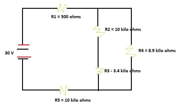 R1 = 500 ohms
R2 = 10 kilo chms
R4 = 8.9 kilo ohms
30 V
R3 - 3.4 kilo dhms
R5 = 10 kilo ohms
