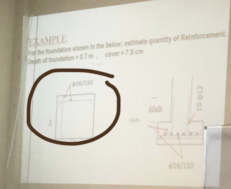 EXAMPLE
For the foundation shown in the below; estimate quantity of Reinforcement.
Depth of foundation = 0.7 m, cover = 7.5 cm
$16/150
16db
60db
$16/150
10 +12