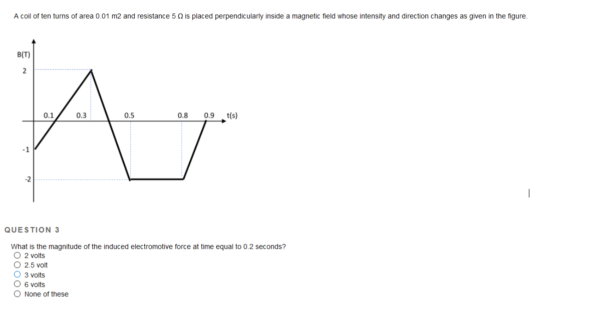 A coil of ten turns of area 0.01 m2 and resistance 5Q is placed perpendicularly inside a magnetic field whose intensity and direction changes as given in the figure.
B(T)
2
0.1
0.3
0.5
0.8
0.9
t(s)
-1
-2
QUESTION 3
What is the magnitude of the induced electromotive force at time equal to 0.2 seconds?
O 2 volts
O 2.5 volt
O 3 volts
O 6 volts
O None of these
