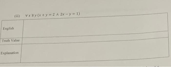 (iii) Vx3y (x + y= 2 A 2x- y = 1)
English
Truth Value
Explanation
