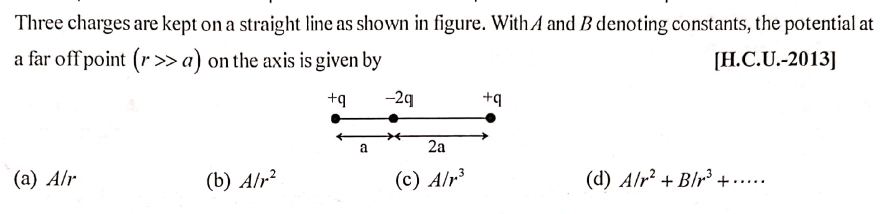 Three charges are kept on a straight line as shown in figure. With A and Bdenoting constants, the potential at
a far off point (r >> a) on the axis is given by
[H.C.U.-2013]
+q
-2q
+q
a
2a
(а) Alr
(b) A/r²
(c) A/r³
(d) Alr² + Blr³ +.....
