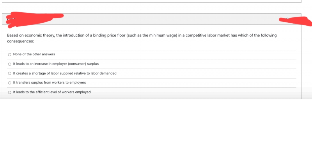 Based on economic theory, the introduction of a binding price floor (such as the minimum wage) in a competitive labor market has which of the following
consequences:
O None of the other answers
O t leads to an increase in employer (consumer) surplus
O It creates a shortage of labor supplied relative to labor demanded
O It transfers surplus from workers to employers
O It leads to the efficient level of workers employed
