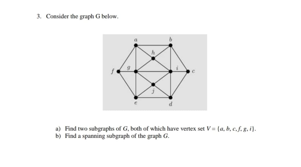 3. Consider the graph G below.
a
d.
a) Find two subgraphs of G, both of which have vertex set V= {a, b, c,ƒ, g, i}.
b) Find a spanning subgraph of the graph G.
