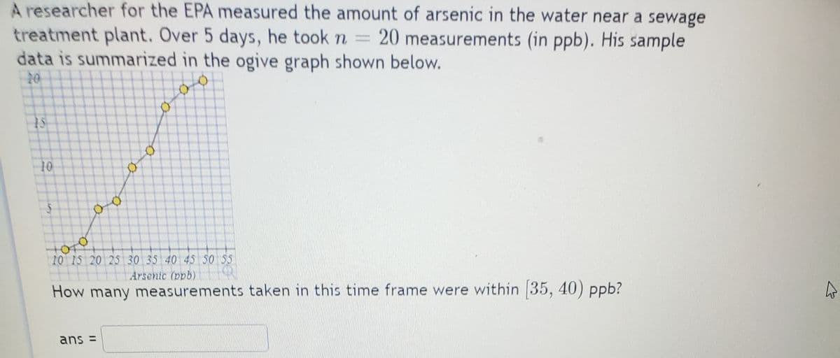 A researcher for the EPA measured the amount of arsenic in the water near a sewage
treatment plant. Over 5 days, he took n = 20 measurements (in ppb). His sample
data is summarized in the ogive graph shown below.
20
15
10
10 15 20 25 30 35 40 45 50 55
Arsenic (ppb)
How many measurements taken in this time frame were within 35, 40) ppb?
ans =
