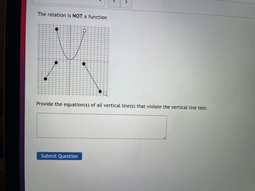 The relation is NOT a function
Provide the equation(s) of all vertical line(s) that violate the vertical line test.
Submit Question
