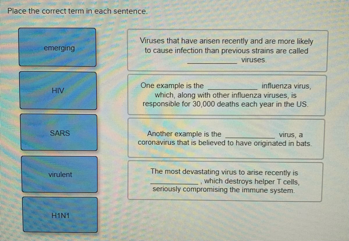 Place the correct term in each sentence.
Viruses that have arisen recently and are more likely
to cause infection than previous strains are called
emerging
viruses.
One example is the
which, along with other influenza viruses, is
responsible for 30,000 deaths each year in the US.
influenza virus,
HIV
SARS
Another example is the
coronavirus that is believed to have originated in bats.
virus, a
The most devastating virus to arise recently is
which destroys helper T cells,
seriously compromising the immune system.
virulent
H1N1
